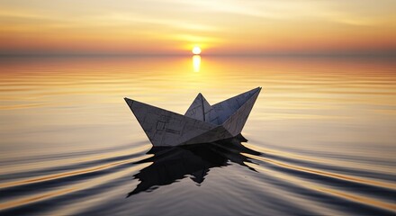 An origami paper boat floats on calm water, creating ripples as it sails towards a golden sunset on the horizon.