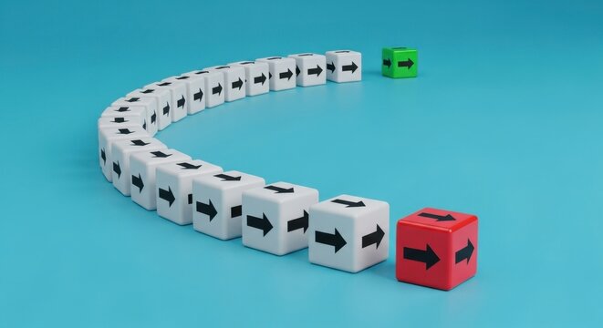 A curved line of white cubes with arrows pointing right with one green and one red cube