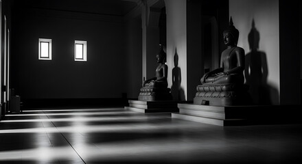 Minimalist temple architecture and dramatic light and shadow contrast.