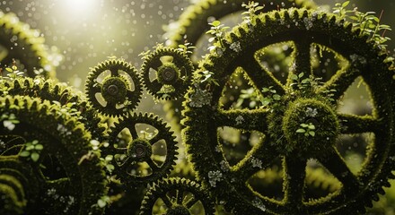 An intricate clockwork mechanism of interlocking gears overgrown with vibrant green moss and plants.