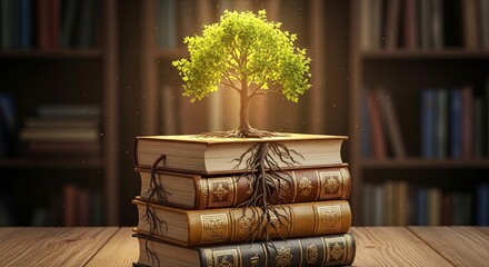 A vibrant green tree of knowledge with roots growing through a stack of old, leather-bound books in a library.