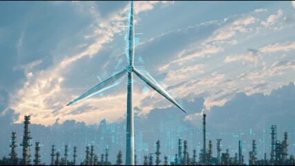 Futuristic wind turbine with digital elements and interface stands tall above industrial chimneys and cityscape, blending clean energy, technology - Powered by Adobe