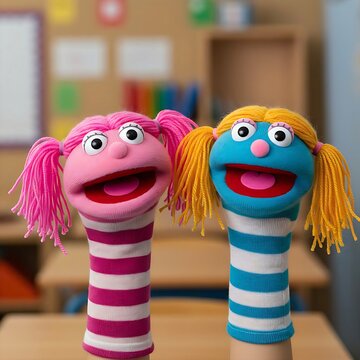 Two vibrant, colorful handmade sock puppets with pink and blue yarn hair sitting side-by-side on a white table in a classroom or playroom setting.