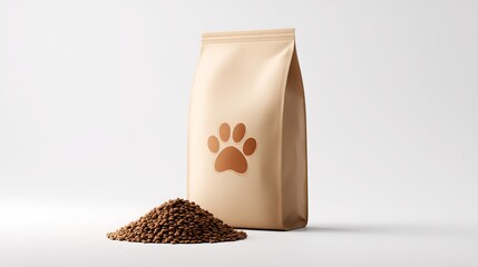 3d render of beige pet food pouch with brown paw print and kibble on white background.