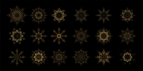 Merry Christmas. Exquisite gold isolated snowflakes.