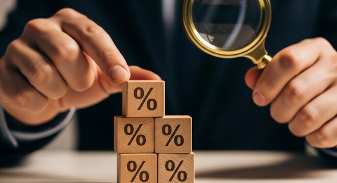 Man holding magnifying glass over wood blocks with percentage signs stacked together