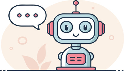Naklejka premium Friendly cartoon robot communicating with a chat bubble, perfect for tech and AI concepts.