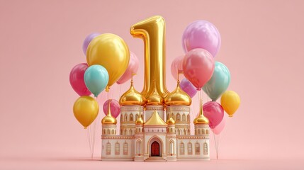 A colorful birthday scene featuring a golden "1" balloon above a cake-like structure and vibrant balloons in a pastel setting.