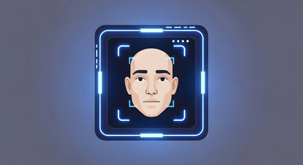 A digital illustration of a face recognition system, with a person's face inside a glowing square.