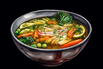 hearty chicken and vegetable soup with broccoli, onion, and carrot for homemade food and healthy meal concept black isolated background