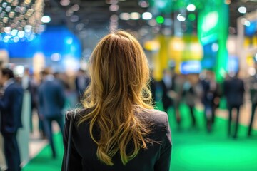 A confident businesswoman stands in a busy event hall, looking forward with ambition and purpose. The scene reflects determination and future success.