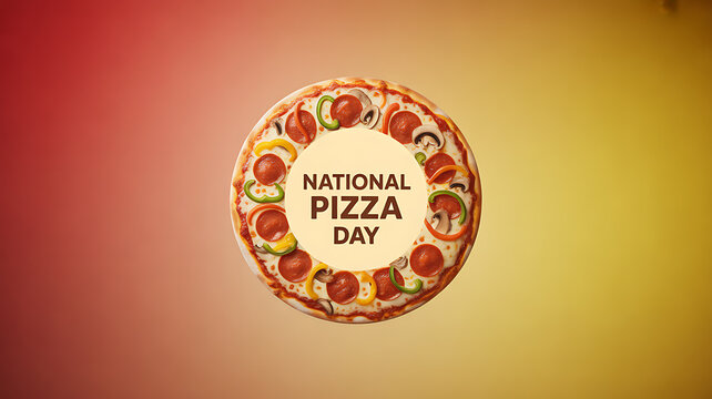 National Pizza Day celebration with a colorful pizza illustration on a gradient background - Powered by Adobe