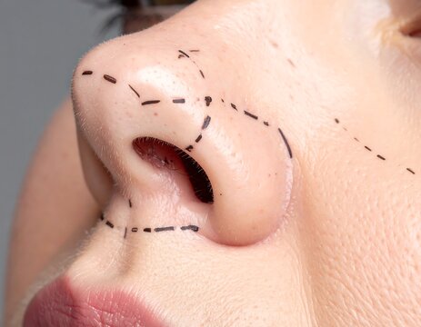 Close-up of a nose with surgical markings, showcasing preparation for cosmetic procedure