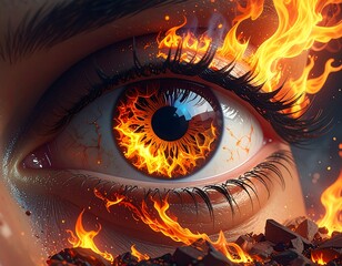 Close-up of a human eye engulfed in flames, with fiery iris and surrounding fire