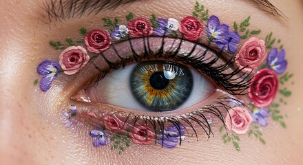 Close-up of a human eye intricately adorned with painted flowers, creating a whimsical aesthetic