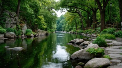 Serene River Flowing Through Lush Green Forest With Stone Pathway And Large Rocks In Sunlight