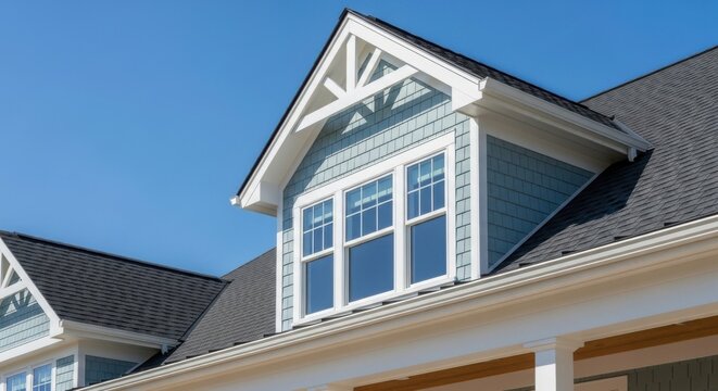 Close up of a house with a dormer window and blue siding under a clear blue sky day