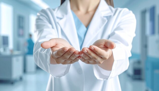 両手を差し出す白衣を着た女性の手　AI生成素材