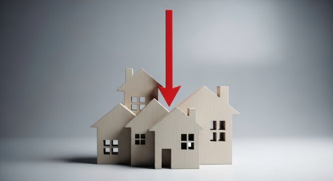 Red arrow pointing down towards a cluster of small wooden house models on a surface