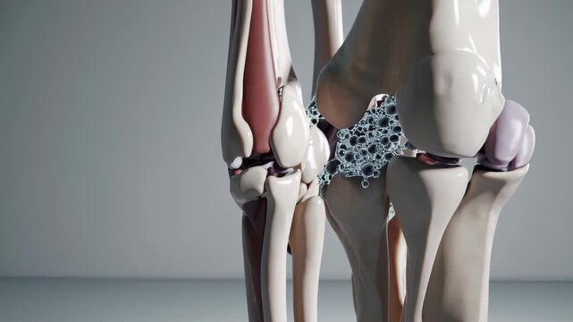 Osteoarthritis progression affects knee joints, causing cartilage degradation and bone spur growth, visualized with increasing severity in anatomical renderings isolated on a white background
