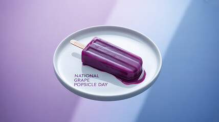 A purple grape popsicle on a white plate with melted juice, celebrating National Grape Popsicle Day