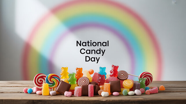 Assorted colorful candies displayed on a wooden surface with a rainbow background celebrating National Candy Day