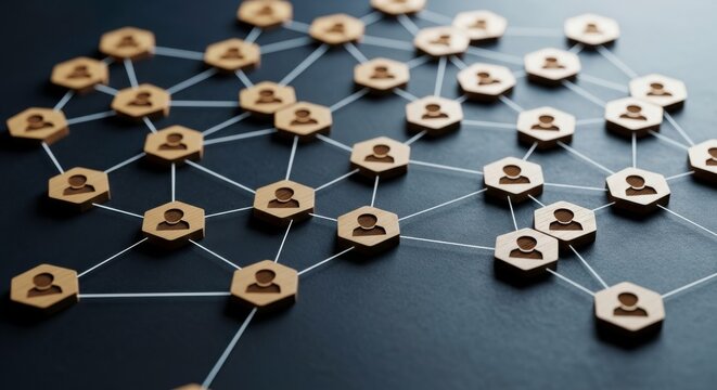 Network of hexagonal nodes with person icons connected by white lines on dark