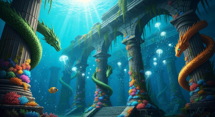 Underwater ruins with dragons coral and jellyfish in a fantasy setting with sunlight shining through