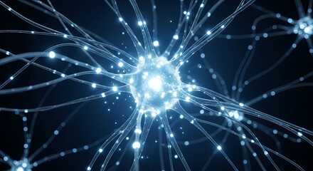 Stylized rendering of a glowing blue neuron and its complex network of synaptic connections.