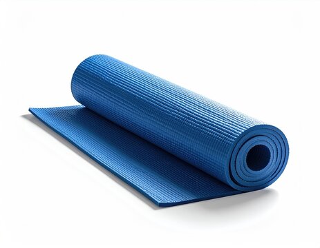 Rolled-up blue exercise mat on white background