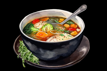 hearty chicken and vegetable soup with broccoli, onion, and carrot for homemade food and healthy meal concept black isolated background