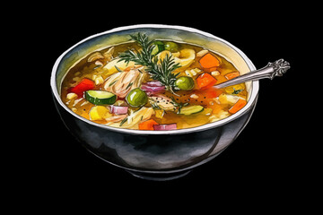 hearty chicken and vegetable soup with broccoli, onion, and carrot for homemade food and healthy meal concept black isolated background
