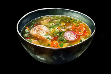 hearty chicken and vegetable soup with broccoli, onion, and carrot for homemade food and healthy meal concept black isolated background