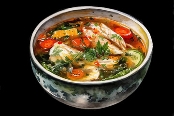 hearty chicken and vegetable soup with broccoli, onion, and carrot for homemade food and healthy meal concept black isolated background
