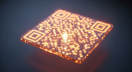 A futuristic three-dimensional QR code glowing with an internal orange light on a dark, blurred background.