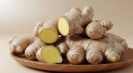Fresh Ginger Roots on a Wooden Plate with Sliced Pieces.