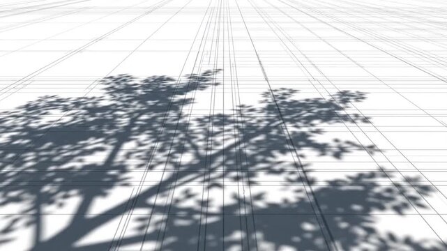 白い抽象的な背景上の消失点まで収束する線と影が織りなすミニマルな構成
