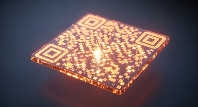 A futuristic three-dimensional QR code glowing with an internal orange light on a dark, blurred background.