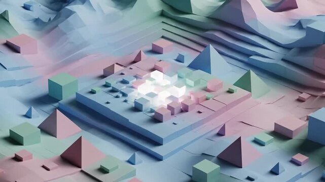 淡いパステル調の色合いで抽象的な幾何学的形状が創造的に配置されたアート作品