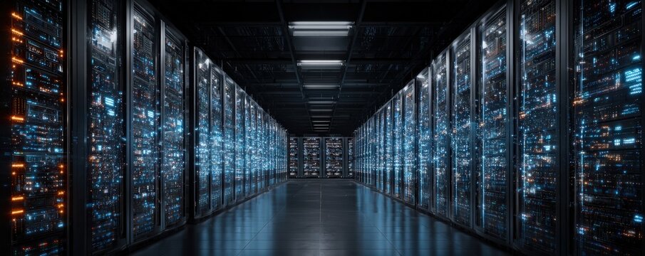 A futuristic data center corridor lined with illuminated server racks, showcasing advanced technology and digital infrastructure.