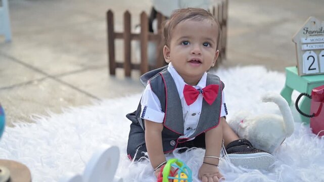 An adorable baby crawling on a soft white rug in an outdoor photoshoot setup, surrounded by decorative props such as a vintage telephone, wooden fence, stuffed toy, Eiffel Tower model, and date calend