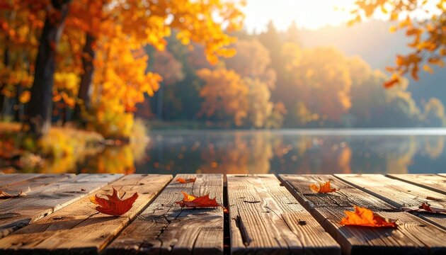 Autumnal wooden dock by a tranquil lake