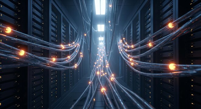 Futuristic data center server room with glowing fiber optic cables representing high-speed information transfer.
