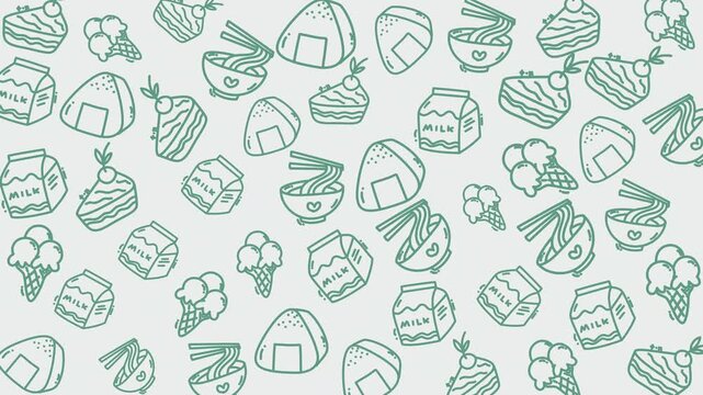 Food pattern doodle featuring cute handdrawn rice milk and delicious items. Ideal for food blogs, recipe cards, and menu designs.