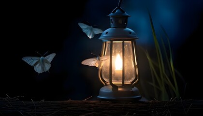 Moths flying around an oil lantern in the dark of night