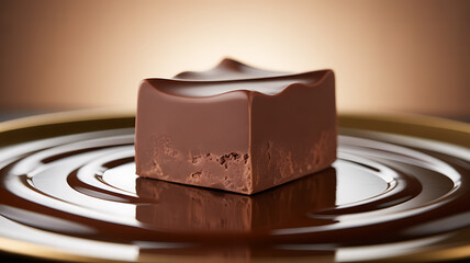 A square piece of chocolate resting on a reflective surface with concentric ripples, set against a warm background.