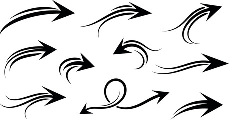 Collection of dynamic black ink arrows pointing in various directions for design and navigation