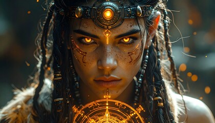 Mystical Warrior Woman with Glowing Eyes Holding Ancient Magic Symbol