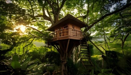Wooden tree house in a large shady tree with a silhouette of sunlight