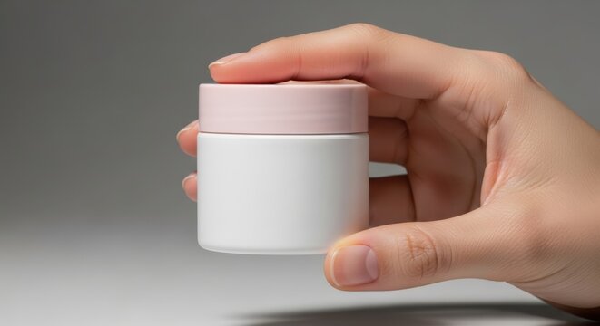 Hand holding small white cream jar cosmetic product beauty skincare dermatology wellness concept